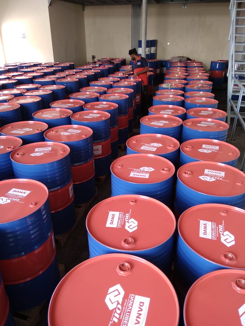 DANA Railroad Engine oil is packed into drums of various sizes 